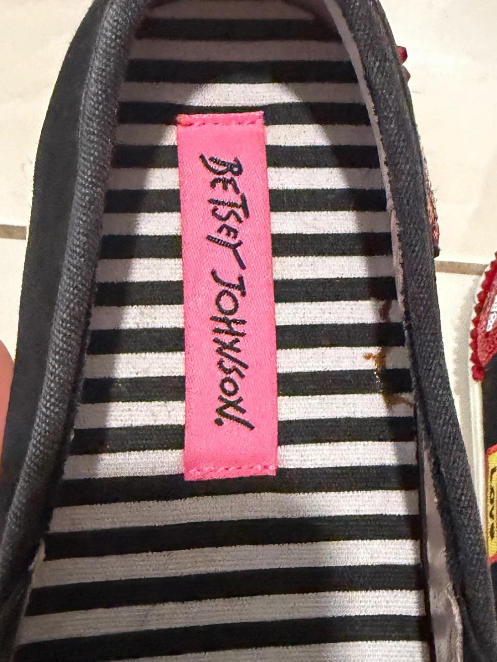 Betsey Johnson Black Slip-On Sneakers with Gold Bee Embroidery & Red Heart